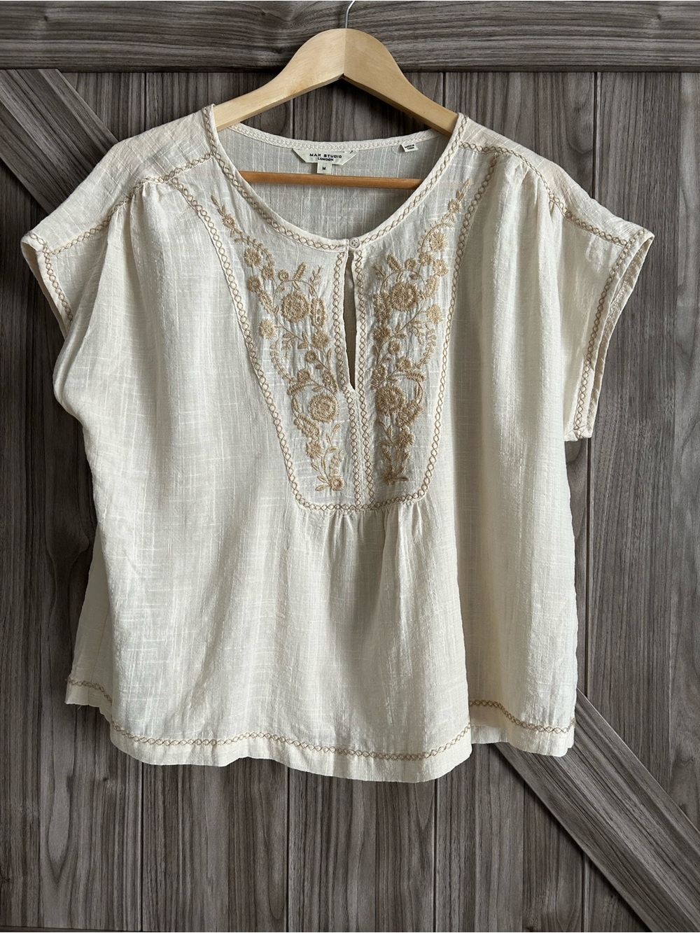 Max Studio London Embroidered Boho Peasant Blouse White Cream Sz M (Oversized)